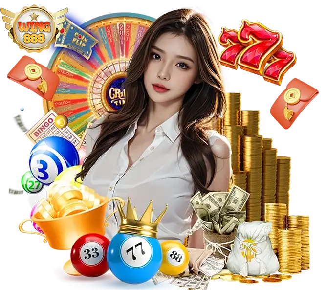 WING888 สาวสวยเสื้อขาวล้อมด้วยวงล้อ Crazy Time สล็อต 777 กองทอง ลูกบอลบิงโก และถุงเงิน