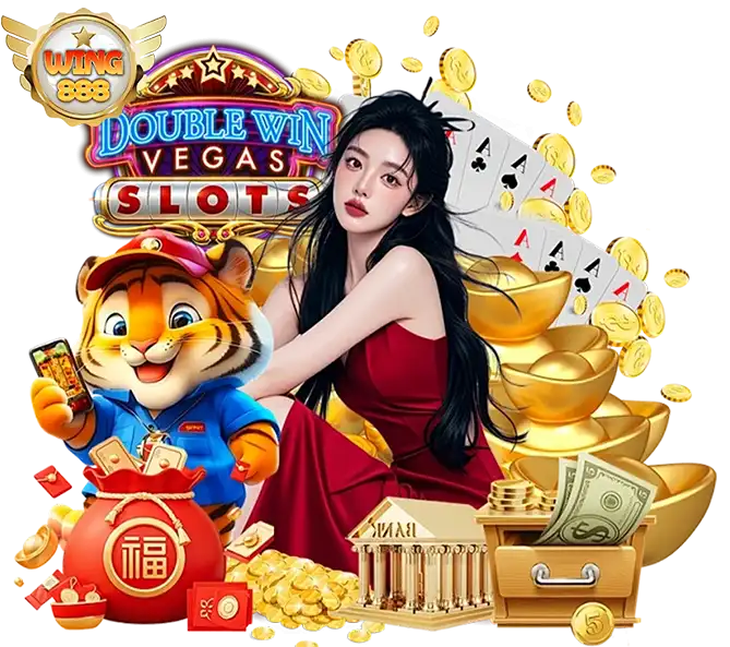 WING888 Double Win Vegas Slots สาวสวยชุดแดงกับเสือการ์ตูน กองทองคำและธนบัตร
