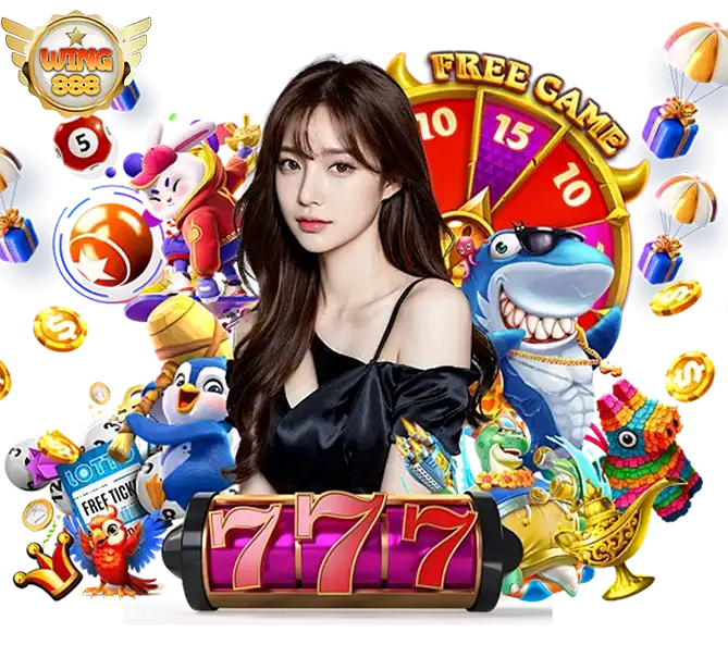 WING888 สาวสวยชุดดำล้อมด้วยตัวละครเกม วงล้อ Free Game และสล็อต 777 สีชมพู